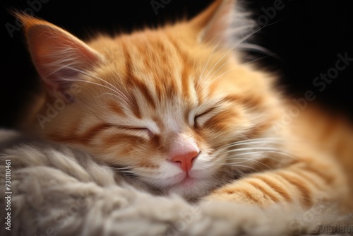 Ginger Cat Sleeping Peacefully. Cute Red Kitten with Soft White Fur Resting in a Dreamy State. © Serhii