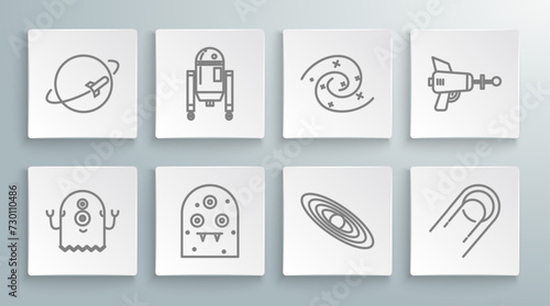 Set line Alien, Robot, Planet, Satellite, Black hole, Ray gun and icon. Vector