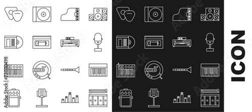 Set line Drum with drum sticks, Music synthesizer, Microphone, Grand piano, VHS video cassette tape, Vinyl disk, Guitar pick and CD player icon. Vector