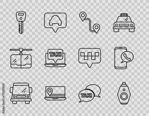 Set line Car, key with remote, Route location, Laptop marker, call taxi service, Taxi telephone and icon. Vector