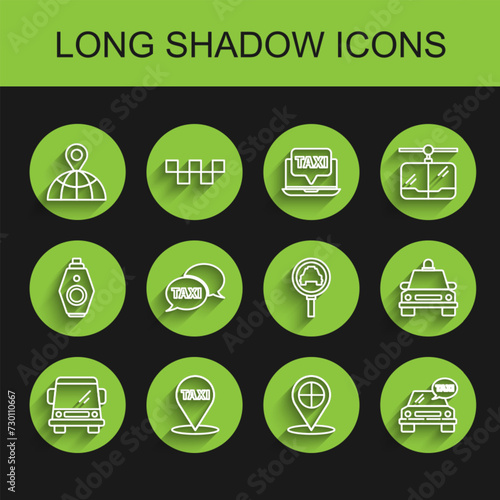 Set line Car, Map pointer with taxi, Location on the globe, Taxi car, call telephone service, and Magnifying glass and icon. Vector