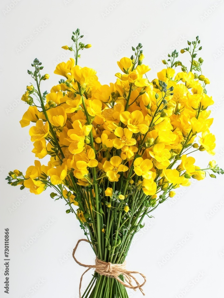 A lush bouquet of rapeseed with many blossoms on white background