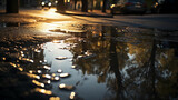 A street with a puddle of water reflecting the surroundings after rainfall. Generative AI