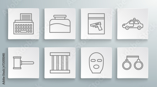 Set line Judge gavel, Inkwell, Prison window, Thief mask, Handcuffs, Evidence bag pistol or gun, Police car flasher and Retro typewriter icon. Vector
