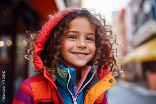 Outdoor portrait of beautiful little girl with curly hair wearing hoodie