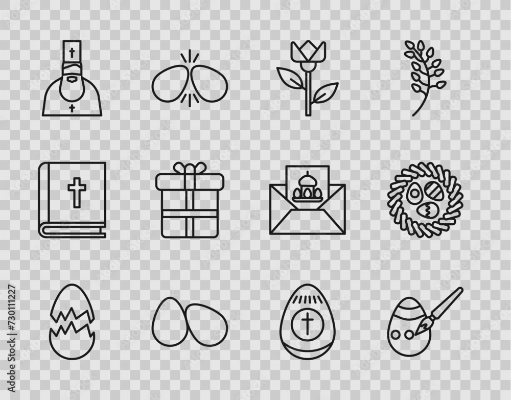 Set line Broken egg, Easter and paint brush, Flower tulip, eggs, Priest, Gift box, and wicker nest icon. Vector Set line Broken egg, Easter and paint brush, Flower tulip, eggs, Priest, Gift box, and wicker nest icon. Vector