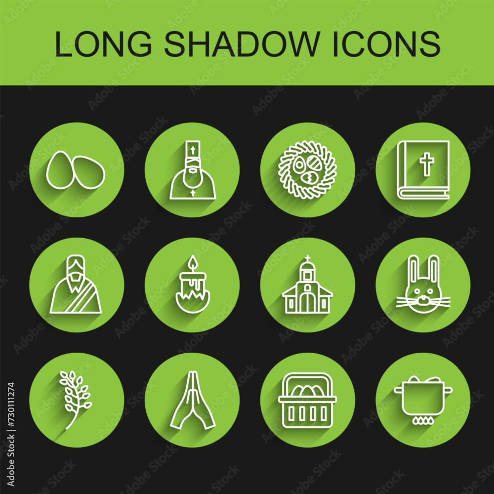 Set line Willow leaf, Hands in praying position, Easter eggs, Basket with easter, Egg hot pot, Burning candle, rabbit and Church building icon. Vector Set line Willow leaf, Hands in praying position, Easter eggs, Basket with easter, Egg hot pot, Burning candle, rabbit and Church building icon. Vector