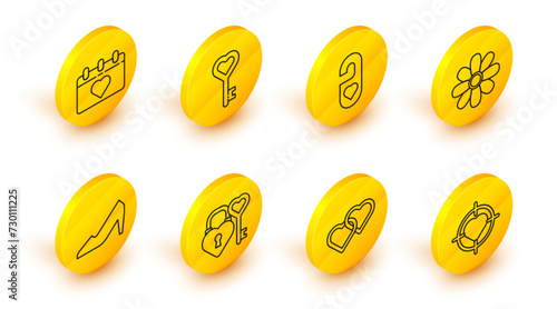Set line Heart in the center of target aim, Two Linked Hearts, Castle and key heart shape, Woman shoe, Flower, Please do not disturb with, Key and Calendar 8 March icon. Vector