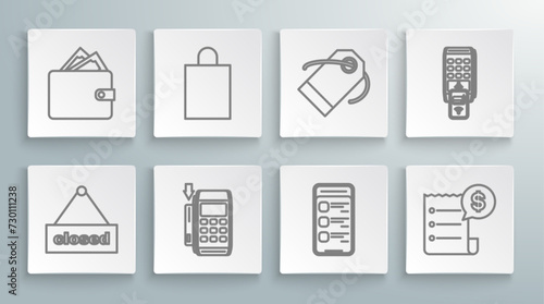 Set line Hanging sign with text Closed, Blank label template price tag, POS printed reciept confirms the payment by smartphone and Wallet stacks paper money cash icon. Vector