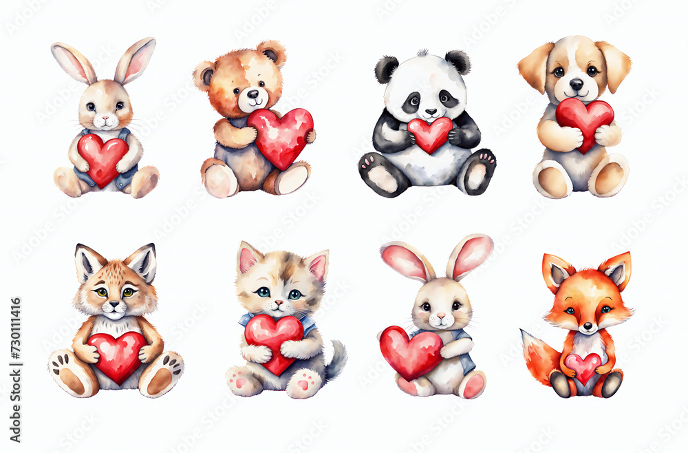 Obraz premium Cute toy animals holding heart, watercolour clipart set isolated on white