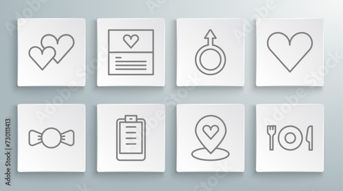 Set line Bow tie, Greeting card, Clipboard with checklist, Location heart, Plate, fork and knife, Male gender symbol, Heart and icon. Vector