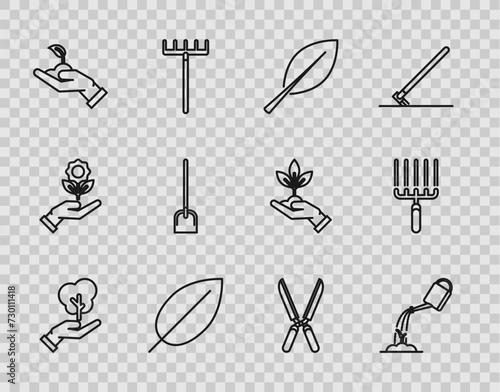 Set line Tree in hand of environmental protection, Watering can with water, Leaf, Sprout, Shovel, Gardening handmade scissors for trimming and rake work icon. Vector