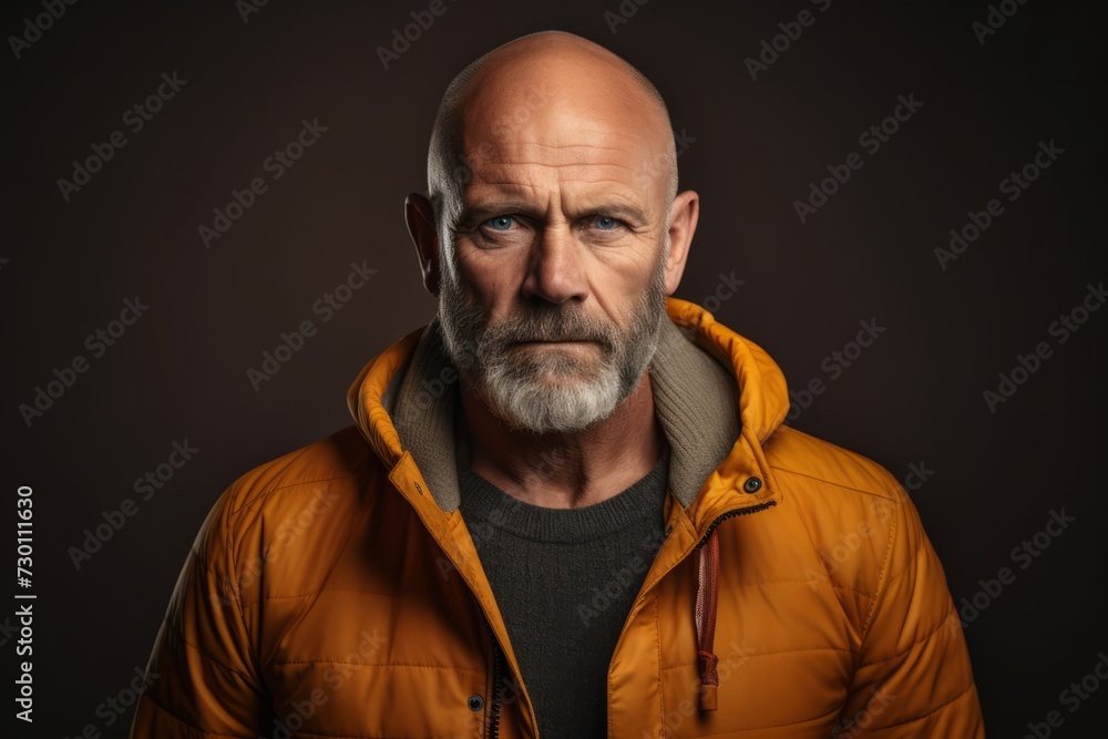 Portrait of an old man with a grey beard and a yellow jacket.