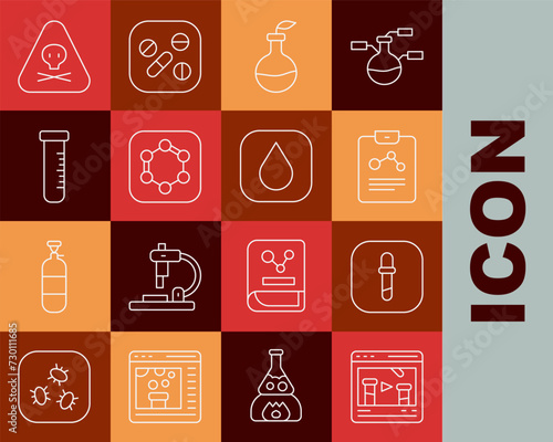 Set line Chemical online, Pipette, Chemistry report, Plant breeding, Formula of benzene rings, Test tube and flask, Triangle warning toxic and Water drop icon. Vector