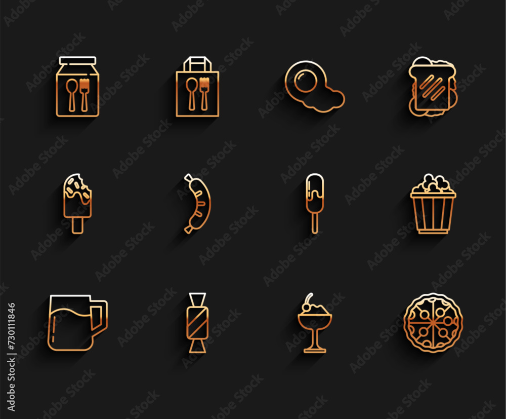 Set line Wooden beer mug, Candy, Online ordering delivery, Ice cream bowl, Pizza, Hotdog, Popcorn box and icon. Vector Set line Wooden beer mug, Candy, Online ordering delivery, Ice cream bowl, Pizza, Hotdog, Popcorn box and icon. Vector