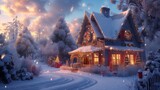 Against a snowy backdrop, a charming Christmas house stands adorned with festive decorations, capturing the essence of holiday cheer. 