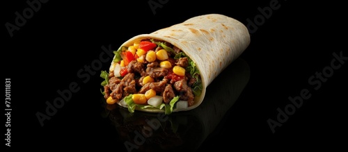 Grilled burritos wraps with beef, beans, corn, vegetable, avocado on dark background. AI generated