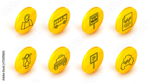 Set line Taxi car, Parking, Scooter, driver license, Road sign for taxi stand, Bus and Folded map with location icon. Vector