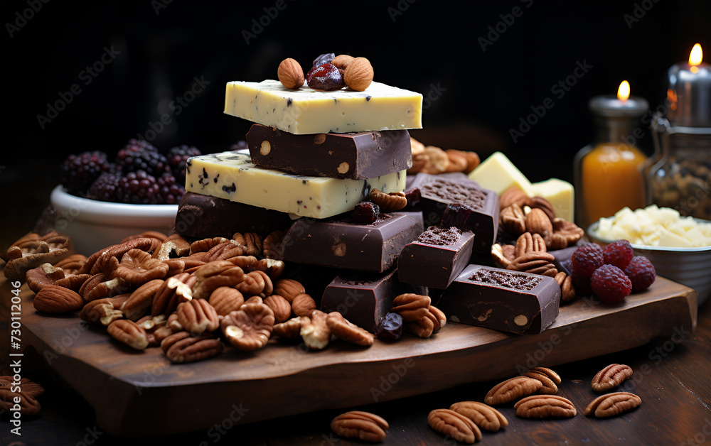 View of chocolate nuts and other delicious food on a wooden table View of chocolate nuts and other delicious food on a wooden table