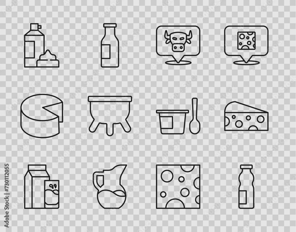 Set line Paper package for kefir, Drinking yogurt in bottle, Cow head, Milk jug pitcher, Whipped cream, Udder, Cheese and icon. Vector Set line Paper package for kefir, Drinking yogurt in bottle, Cow head, Milk jug pitcher, Whipped cream, Udder, Cheese and icon. Vector