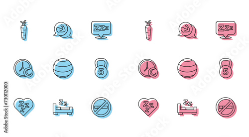 Set line Sleepy, Time to sleep, Carrot, No Smoking, Fitness ball, Weight, and Bodybuilder muscle icon. Vector