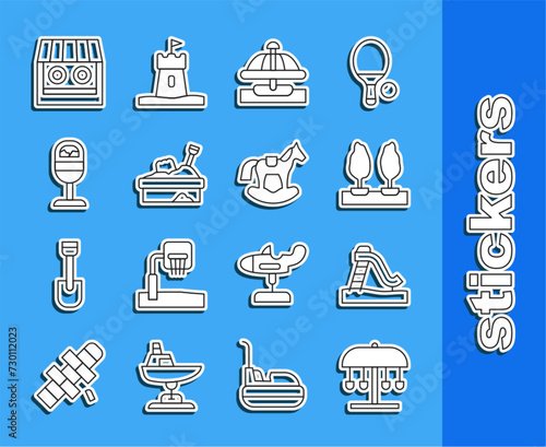 Set line Attraction carousel, Kid slide, Forest, Sandbox with sand, Trash can, Shooting gallery and Horse saddle swing icon. Vector