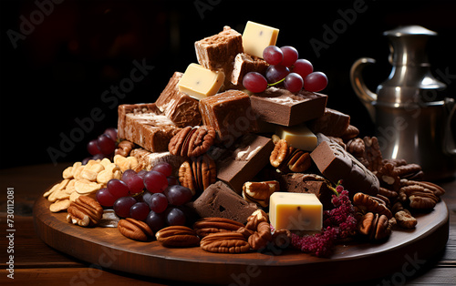 View of chocolate nuts and other delicious food on a wooden table