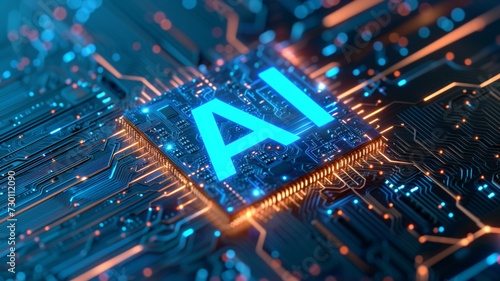 motherboard with ai written on it. Concept AI (Artificial Intelligence) technology, chip IC on PCB, PCB circuit board, microprocessor.