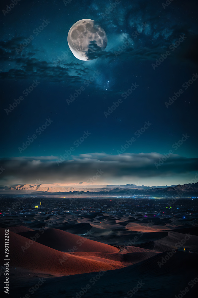 Full Moon Illuminating Desert Night Sky. Generative AI. Full Moon Illuminating Desert Night Sky. Generative AI.