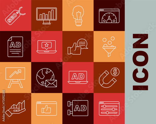 Set line Browser setting, Magnet with money, Lead management, Light bulb concept of idea, Laptop star, Advertising, SEO optimization and Customer product rating icon. Vector