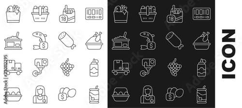 Set line Soda can, Sauce bottle, Roasted turkey or chicken, Cigarettes pack box, Price tag for fish, Tin with caviar, Shopping bag and food and Salami sausage icon. Vector
