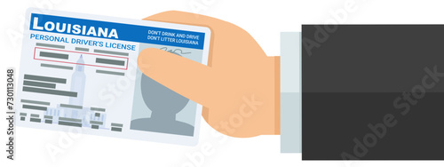 A hand presents a driver's license from the US state of Louisiana in flat design style (cut out)