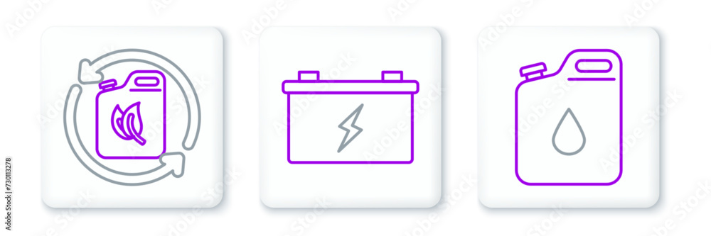 Set line Canister for gasoline, Bio fuel canister and Car battery icon. Vector Set line Canister for gasoline, Bio fuel canister and Car battery icon. Vector