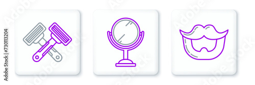 Set line Mustache and beard, Crossed shaving razor and Hand mirror icon. Vector