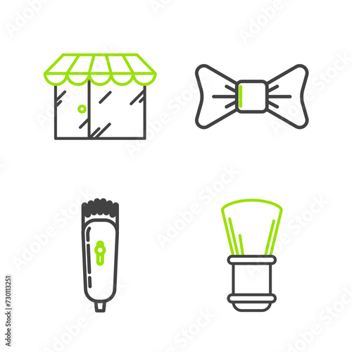 Set line Shaving brush, Electrical hair clipper or shaver, Bow tie and Barbershop building icon. Vector