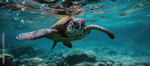Hawaiian sea turtle submerged.