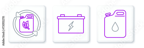 Set line Canister for gasoline, Bio fuel canister and Car battery icon. Vector