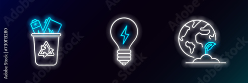Set line Earth globe and plant, Recycle bin with recycle symbol and Light bulb lightning icon. Glowing neon. Vector