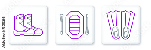 Set line Rubber flippers for swimming, Boots and Rafting boat icon. Vector