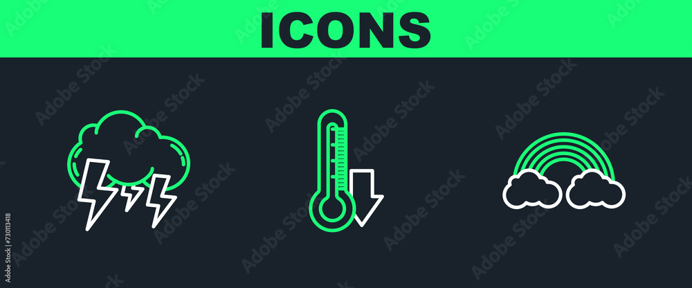 Set line Rainbow with clouds, Storm and Thermometer icon. Vector Set line Rainbow with clouds, Storm and Thermometer icon. Vector