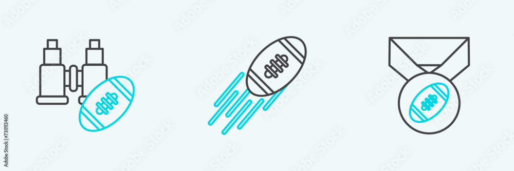 Set line American Football ball with medal, Binoculars and american football and icon. Vector Set line American Football ball with medal, Binoculars and american football and icon. Vector
