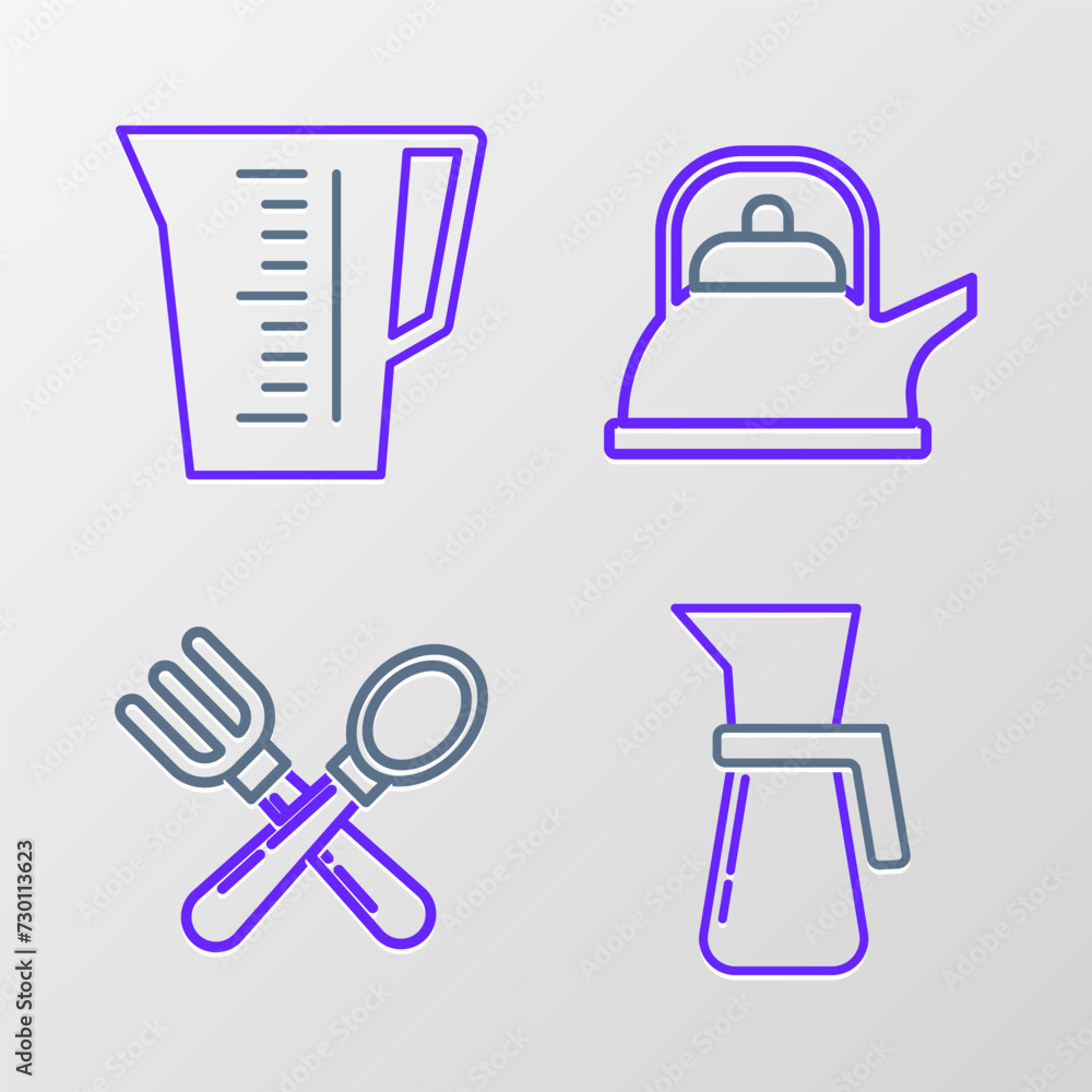 Set line Measuring cup, Crossed fork and spoon, Kettle with handle and icon. Vector Set line Measuring cup, Crossed fork and spoon, Kettle with handle and icon. Vector