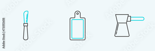 Set line Coffee turk, Knife and Cutting board icon. Vector