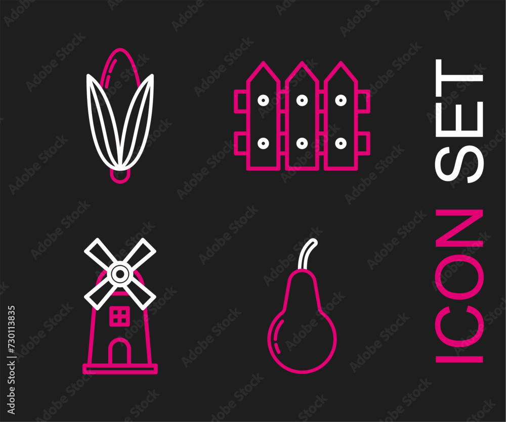 Set line Pear, Windmill, Garden fence wooden and Corn icon. Vector
