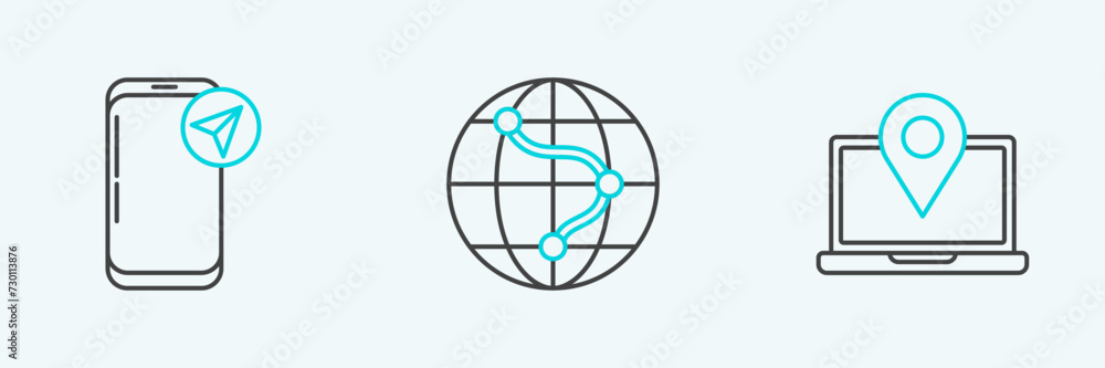 Set line Laptop with location marker, Infographic of city map navigation and Monitor and folded icon. Vector Set line Laptop with location marker, Infographic of city map navigation and Monitor and folded icon. Vector
