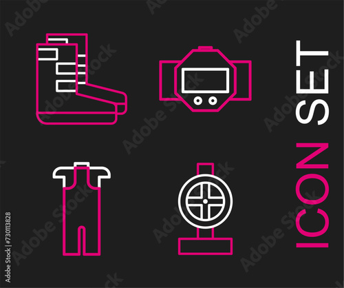 Set line Industry metallic pipes and valve, Wetsuit for scuba diving, Diving watch and Boots icon. Vector