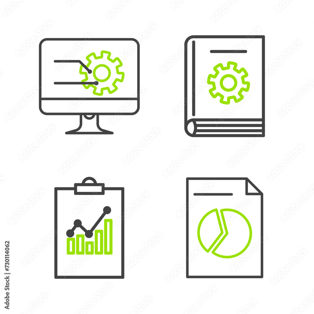 Set line Document with graph chart, Clipboard, User manual and Computer monitor icon. Vector Set line Document with graph chart, Clipboard, User manual and Computer monitor icon. Vector