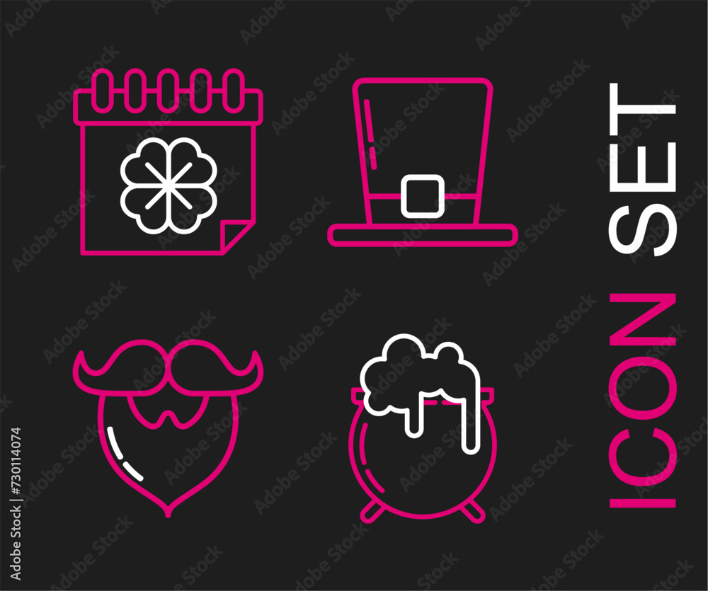 Set line Witch cauldron, Mustache and beard, Leprechaun hat and Saint Patricks day with calendar icon. Vector Set line Witch cauldron, Mustache and beard, Leprechaun hat and Saint Patricks day with calendar icon. Vector