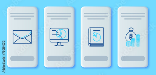 Set line Computer monitor with graph chart, User manual, Envelope and Money bag and coin icon. Vector