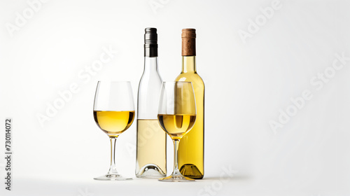 Bottle and two glasses of white wine isolated on white background